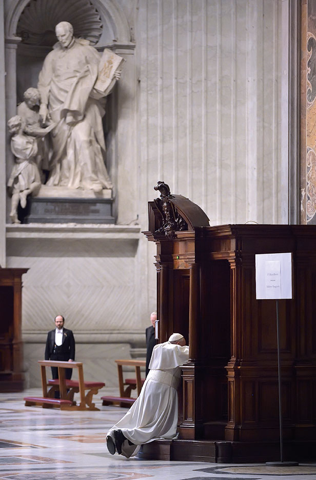Francis receives the sacrament of Confession, March 13, 2015.