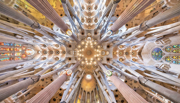 Interior of the Basilica of the Sagrada Familia in Barcelona.
