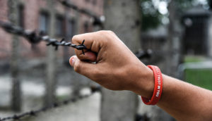 A child's hand touching the barbed wire of the Auschwitz concentration camp.