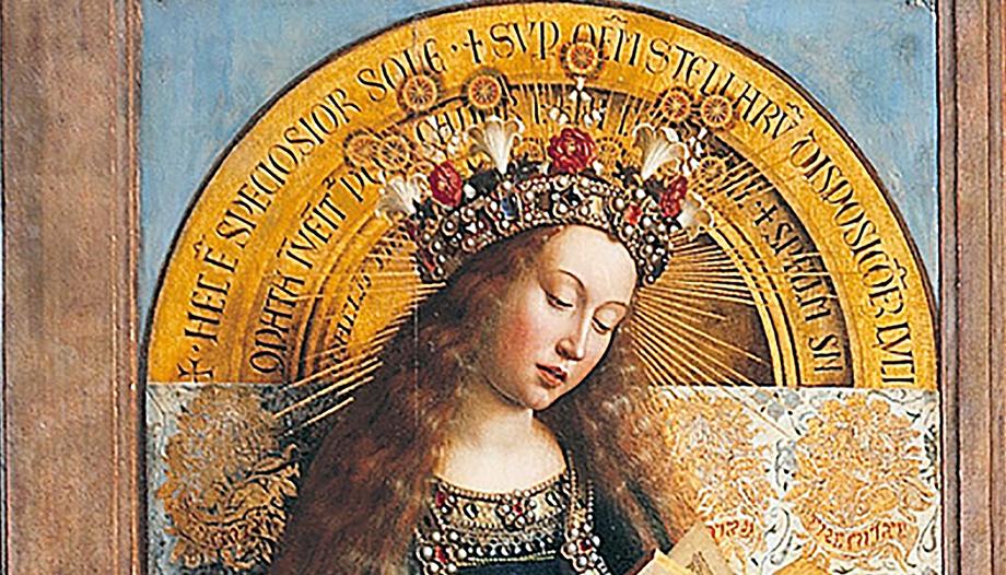 La Beata Vergine che legge: particolare dell'Adorazione dell'Agnello Mistico, di Hubert e Jan van Eyck.
