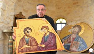 Monsignor Arbach, Syria, with desecrated icons.